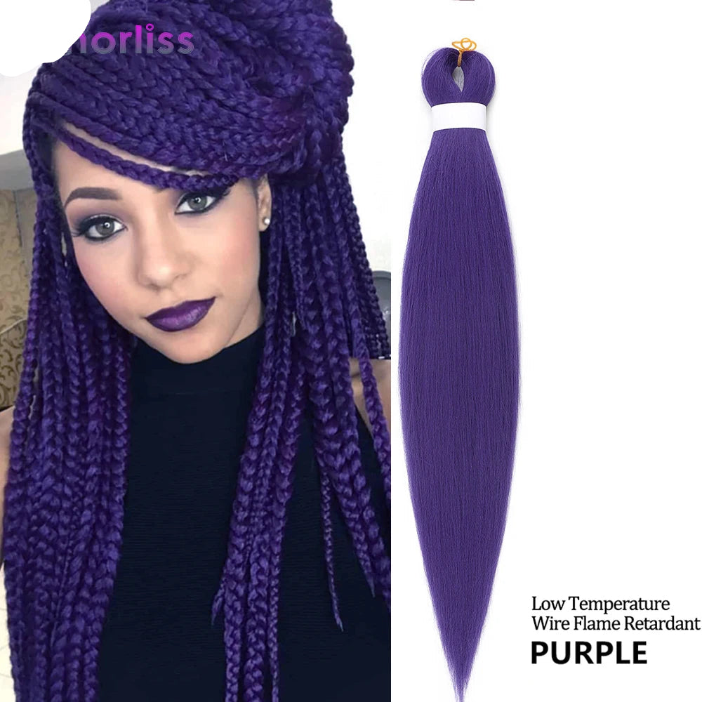 Purple hair extensions with a model wearing them, displayed against a white background.