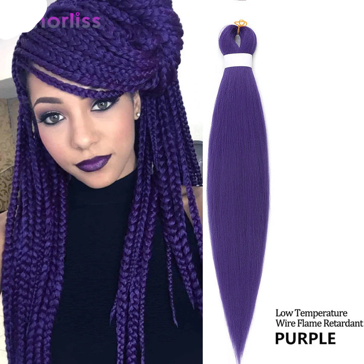 Purple hair extensions with a model wearing them, displayed against a white background.