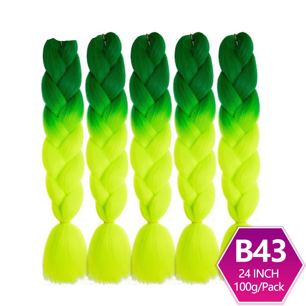 Five green to yellow ombre braided hair extensions with on a white background.