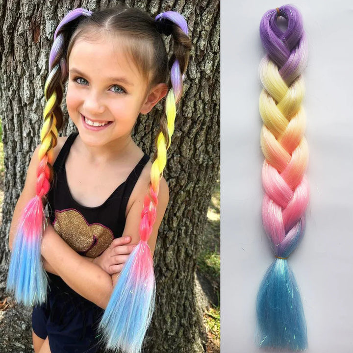 Colored Jumbo Braiding Hair with Mixed Tinsels – 24 Inch Ombre Braids, 4-Tone Synthetic Hair for Festivals & Raves (Girls & Kids)