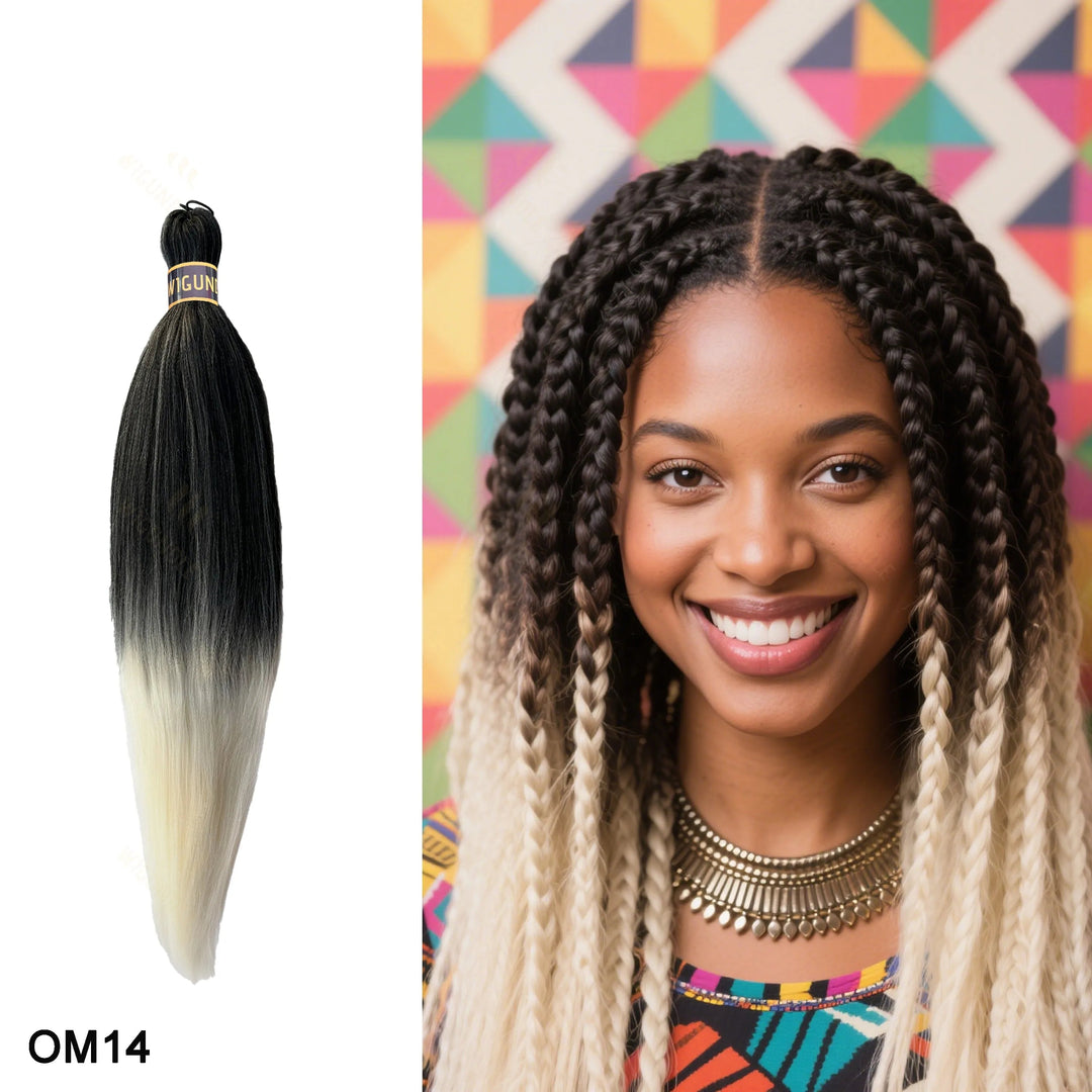 Woman with styled hair next to a hair extension with  on a colorful geometric background.