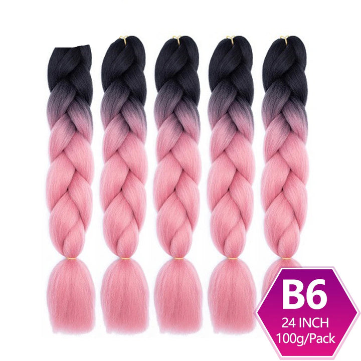 Five braided hair extensions with black to pink gradient, branded  a white background.