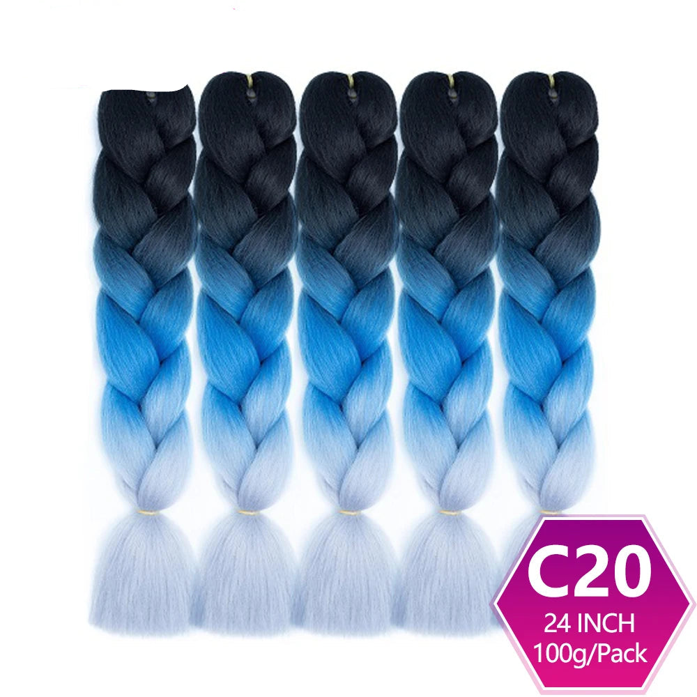 Five braided hair extensions with a gradient from black to blue on a white background