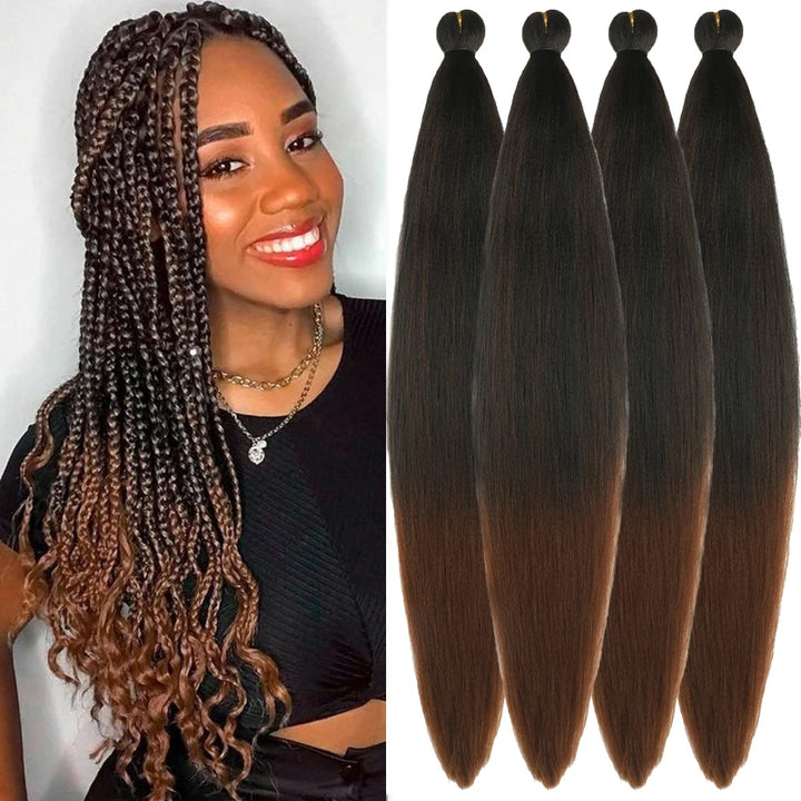 Ombre Pre-Stretched EZ Braiding Hair – 4PCS Natural Yaki Synthetic Extensions for Box Braids & Twists