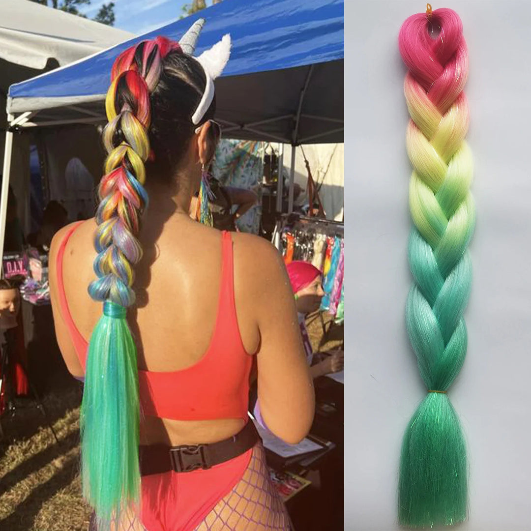 Red & Yellow Christmas Jumbo Braids – Synthetic Colorful Mixed Tinsel Braiding Hair for Girls & Kids (Festival, Halloween, Rave)