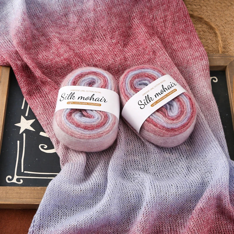 300g Rainbow Gradient Silk Mohair Yarn – Section Dyed Knitting Yarn (6 Pieces/Bag)