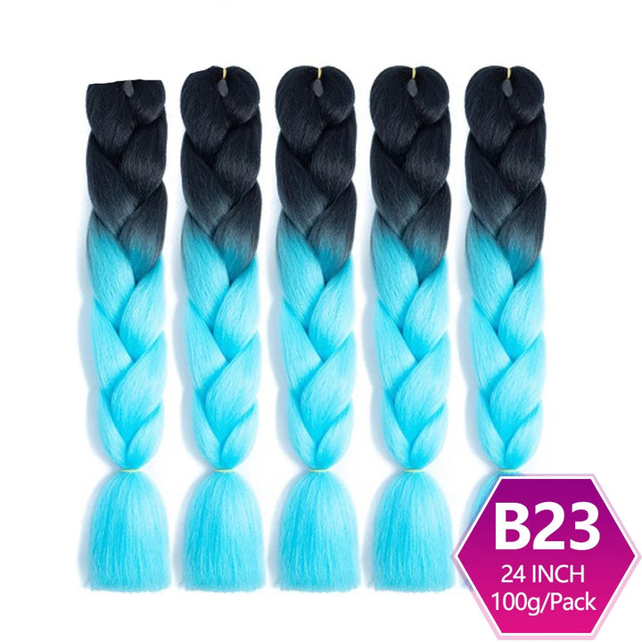 Five braided hair extensions with black and blue gradient color on a white background