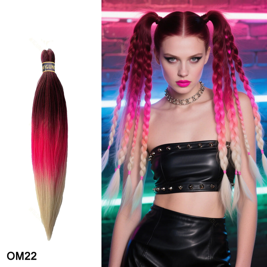 Wig bundle with red to blonde gradient next to a model with similar styled hair in a futuristic setting.