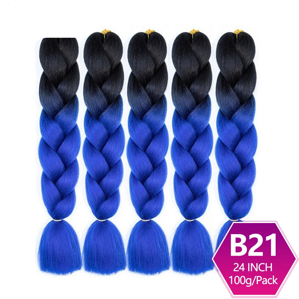 Five packs of blue and black braided hair extensions with  on a white background.