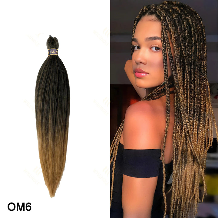Wig bundle with ombre color and a model wearing it on a white background.