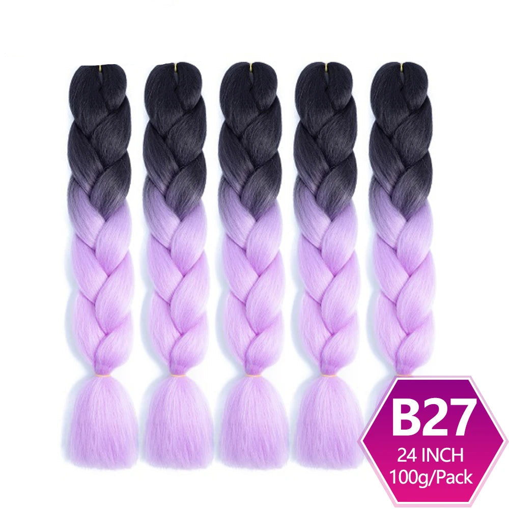 Five braided hair extensions with black to purple gradient on a white background.