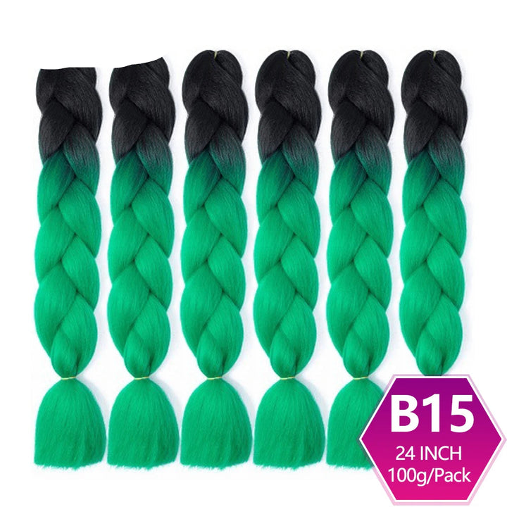 Set of six braided hair extensions with black to green gradient