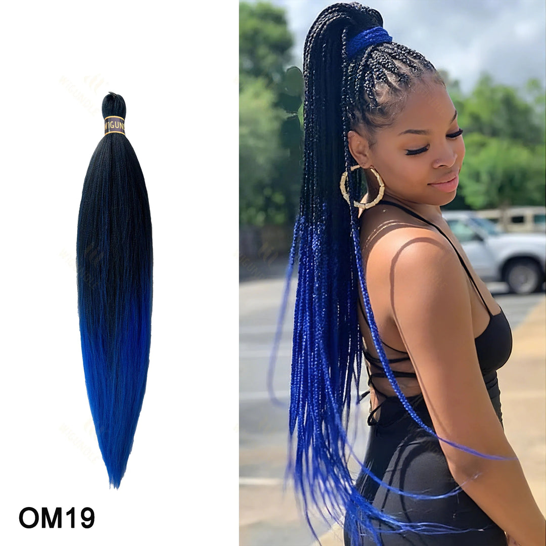 Wig bundle with blue ombre color on a white background, next to a woman with styled hair outdoors.
