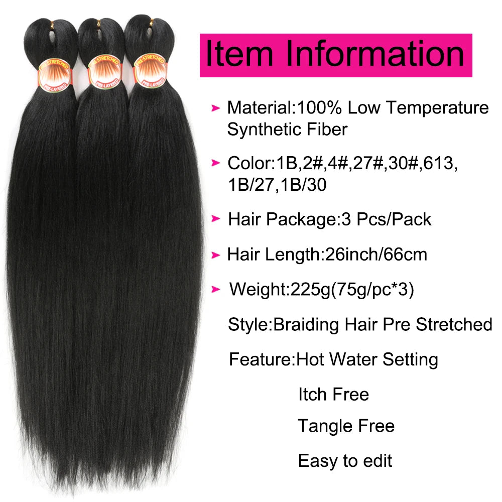 Black synthetic hair extensions with item information on a white background