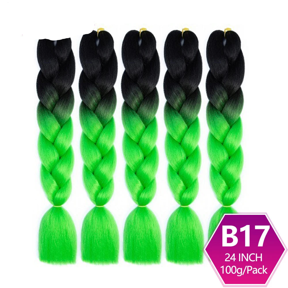 Five braided hair extensions with black to green ombre coloration on a white background