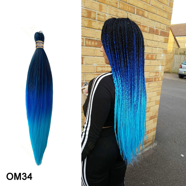 Blue ombre braided hair extensions with  on a white background.