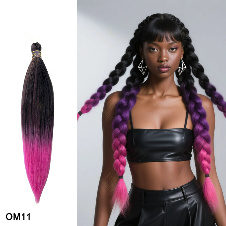 Woman with braided hair featuring a gradient of black to pink, next to a bundle of hair extensions 