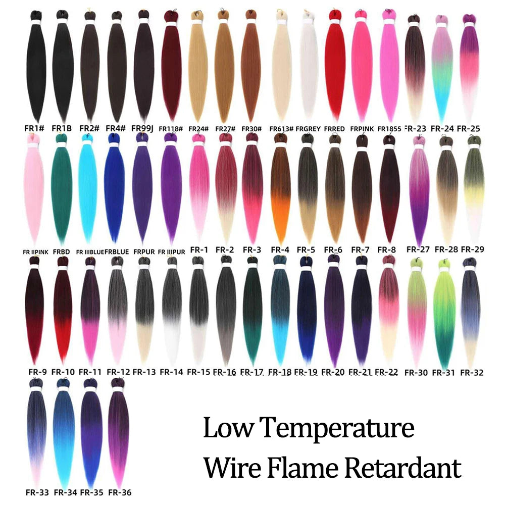 Color chart for low temperature wire flame retardant hair extensions with various color options.