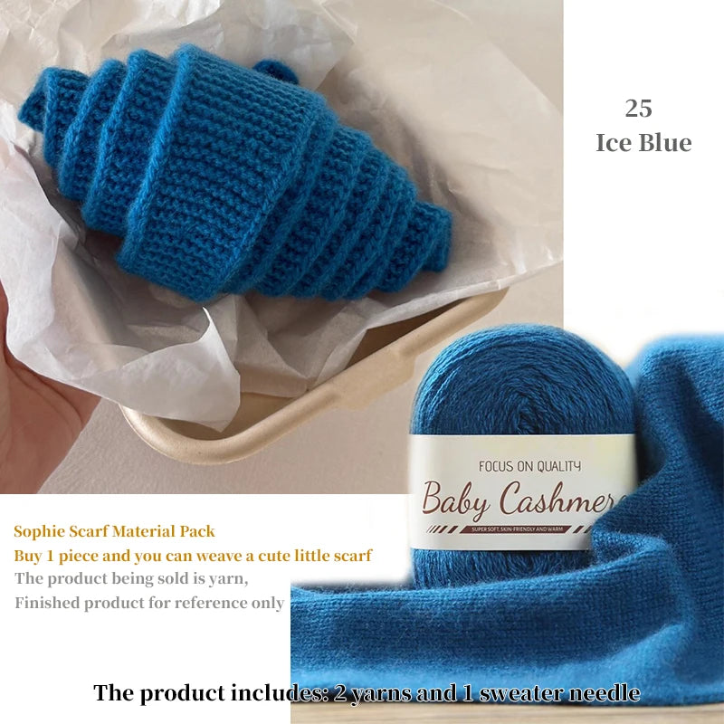 Blue yarn ball with a label on a white background, accompanied by text about yarn and a scarf material pack.