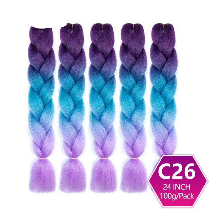 Five braided hair extensions with purple to blue gradient on a white background