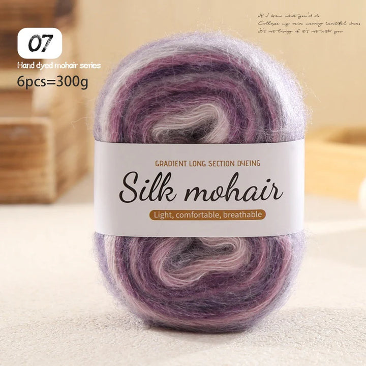 300g Rainbow Gradient Silk Mohair Yarn – Section Dyed Knitting Yarn (6 Pieces/Bag)