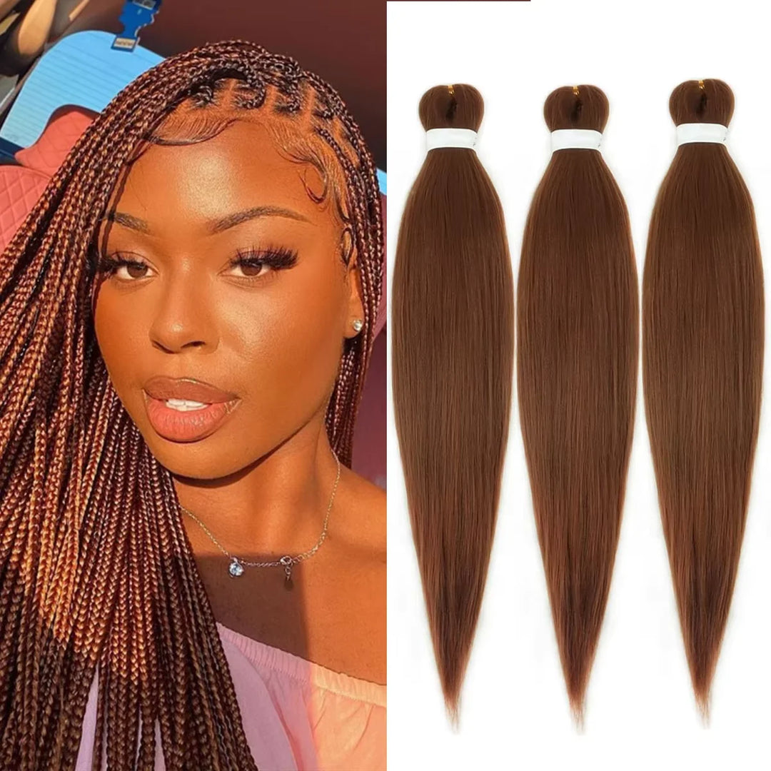 Woman with braided hair on one side and three bundles of straight hair on the other.