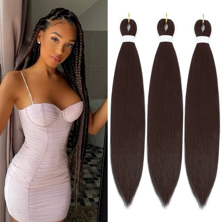 Woman with styled hair next to three bundles of straight hair extensions.