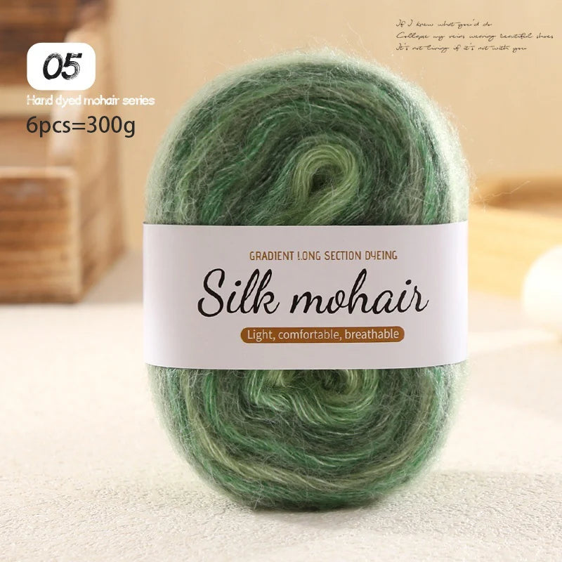 300g Rainbow Gradient Silk Mohair Yarn – Section Dyed Knitting Yarn (6 Pieces/Bag)