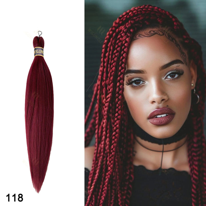 Red braided hair extension with a model wearing it on a white background