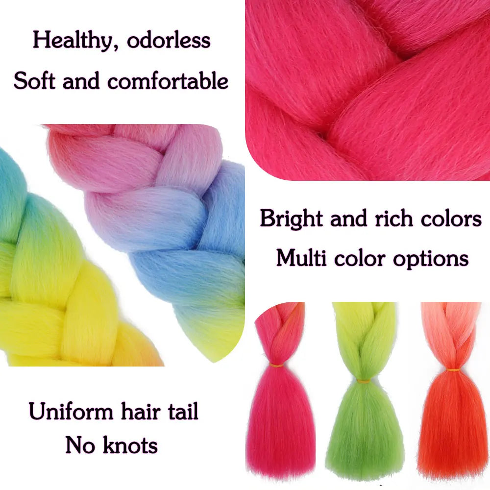🌈 Synthetic Braiding Hair 24 Inch – Jumbo Ombre Braid Extensions (Purple, Pink, Yellow, Red)
