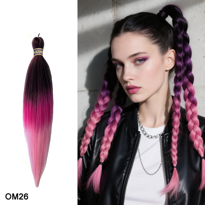 Wig with pink and purple ombre and a model wearing it with braids.