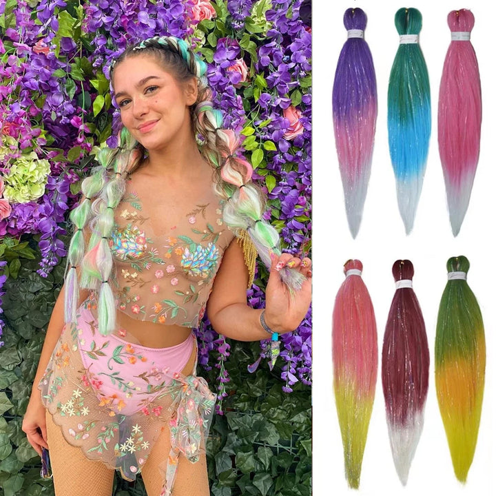 1pc Tinsel EZ Braids – Ombre Straight Braiding Hair Extension, Festival & Rave Hair for Girls (Crazy Hair Day)