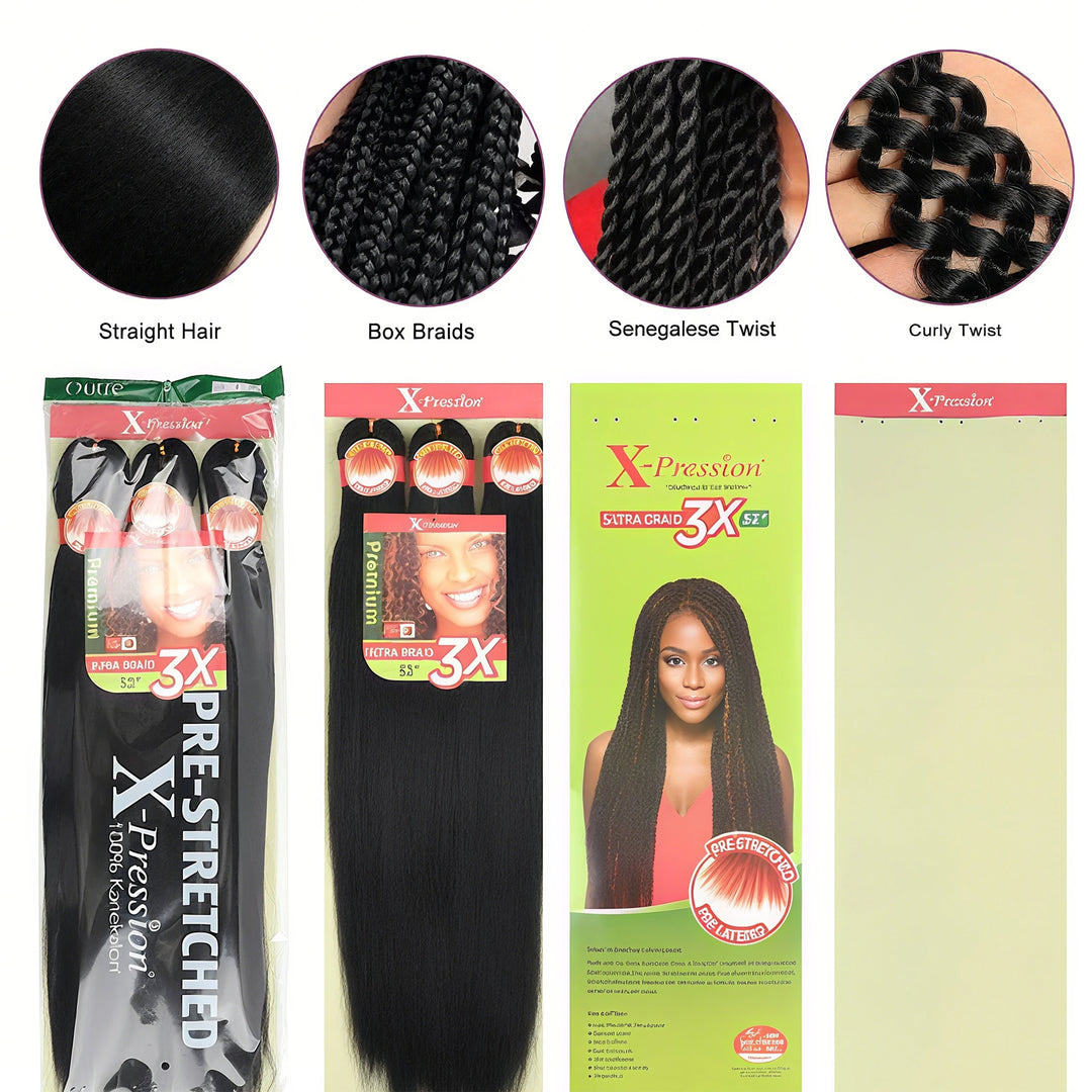 Hair extensions with packaging and styling options displayed.