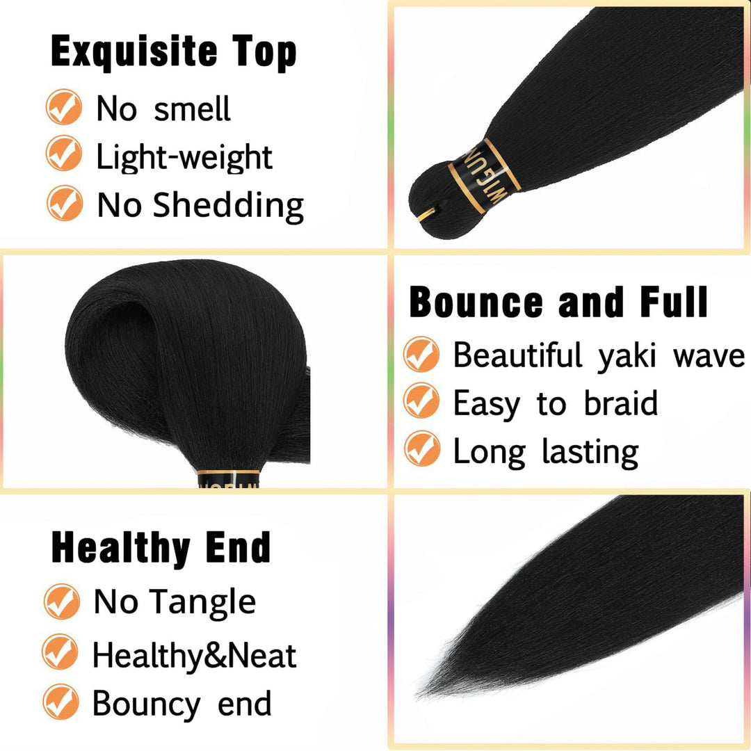 Hair extensions with features listed on a colorful background