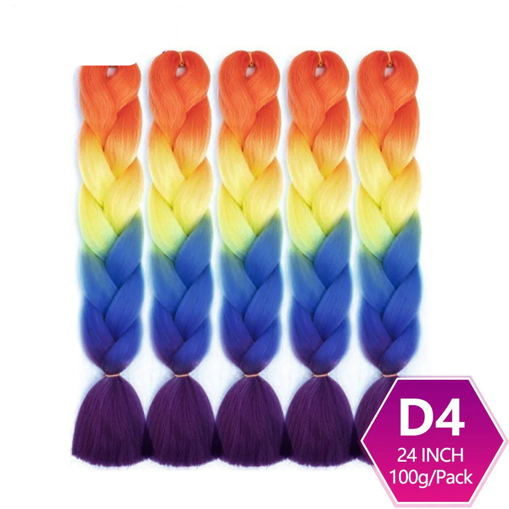 Five braided hair extensions with a gradient of orange, yellow, blue, and purple on a white background. 