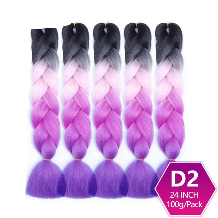 Five braided hair extensions with a gradient of black, gray, pink, and purple on a white background. 