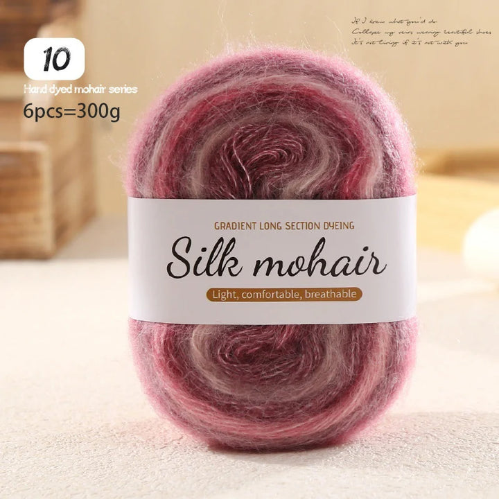 300g Rainbow Gradient Silk Mohair Yarn – Section Dyed Knitting Yarn (6 Pieces/Bag)