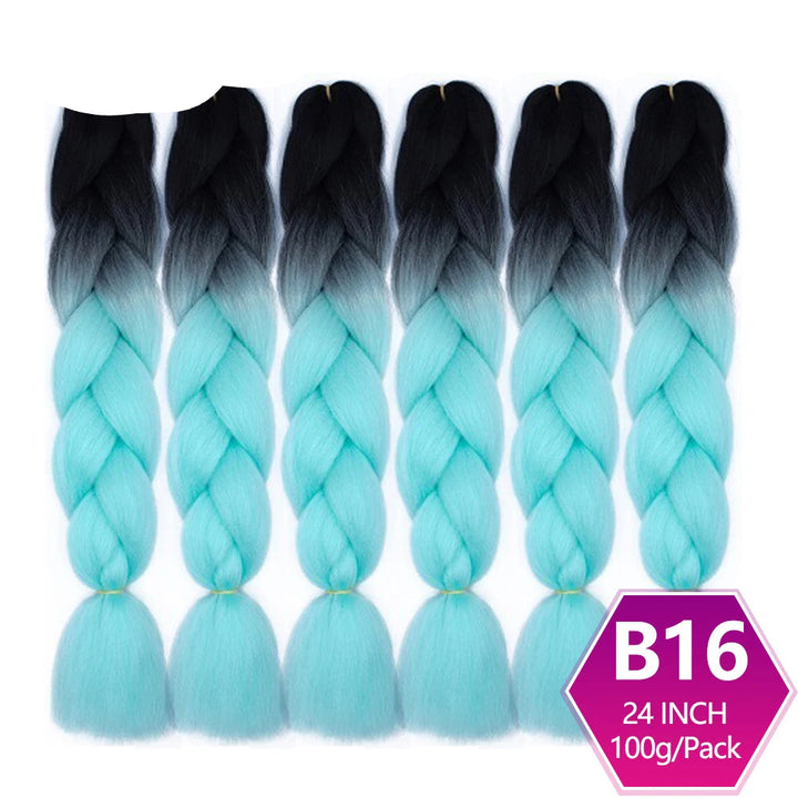 Five braided hair extensions with gradient color from black to blue, 