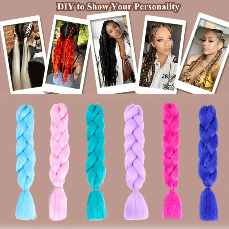 Colorful braided hair extensions with a background of hairstyles and text 'DIY to Show Your Personality'.