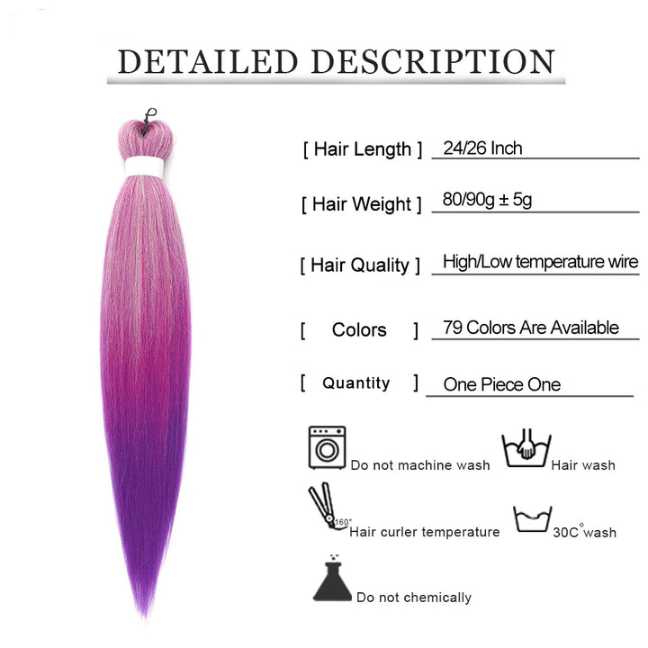 Hair extension product description with purple hair strand on a white background