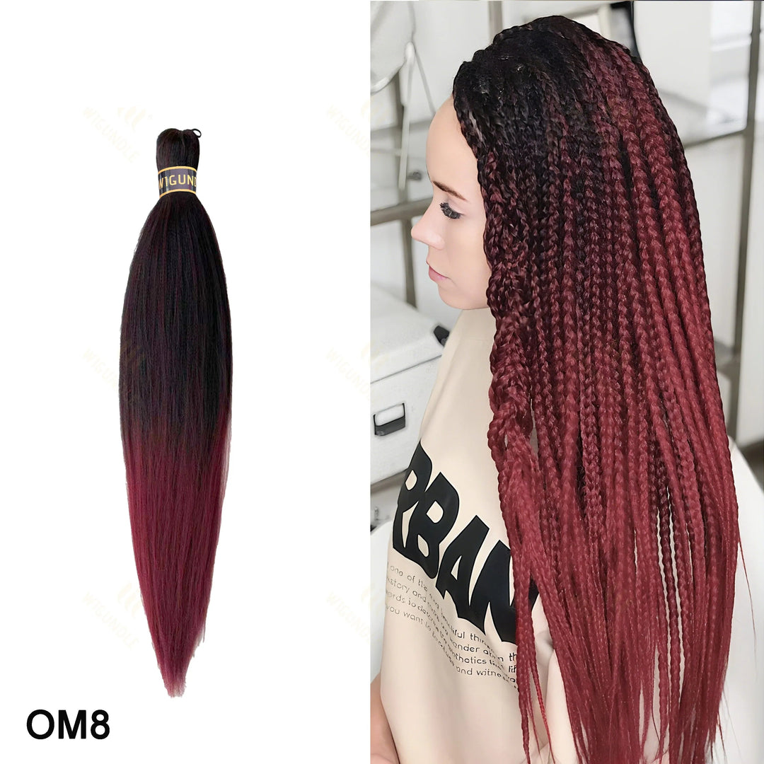 Hair extension with ombre black to red color and a person wearing a wig with similar color scheme.