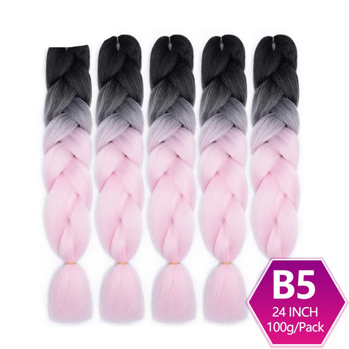 Five braided hair extensions with black to pink gradient 