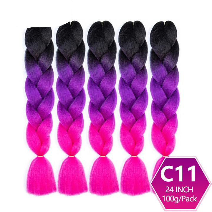 Five braided hair extensions with black, purple, and pink color gradient on a white background. 