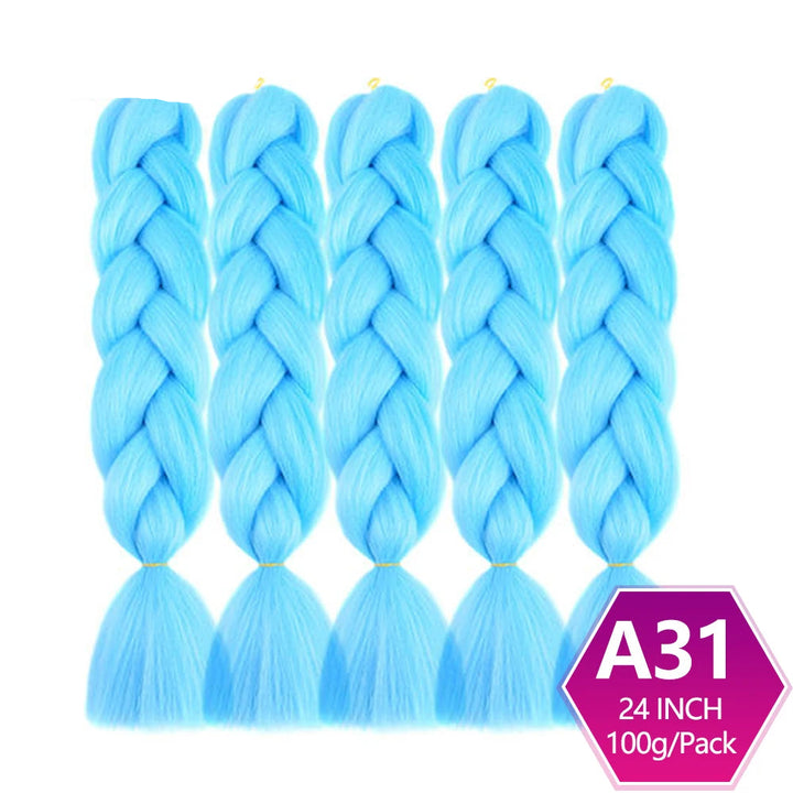 Five blue braided hair extensions with  on a white background.