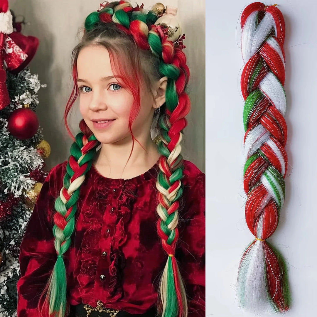 Red & Yellow Christmas Jumbo Braids – Synthetic Colorful Mixed Tinsel Braiding Hair for Girls & Kids (Festival, Halloween, Rave)