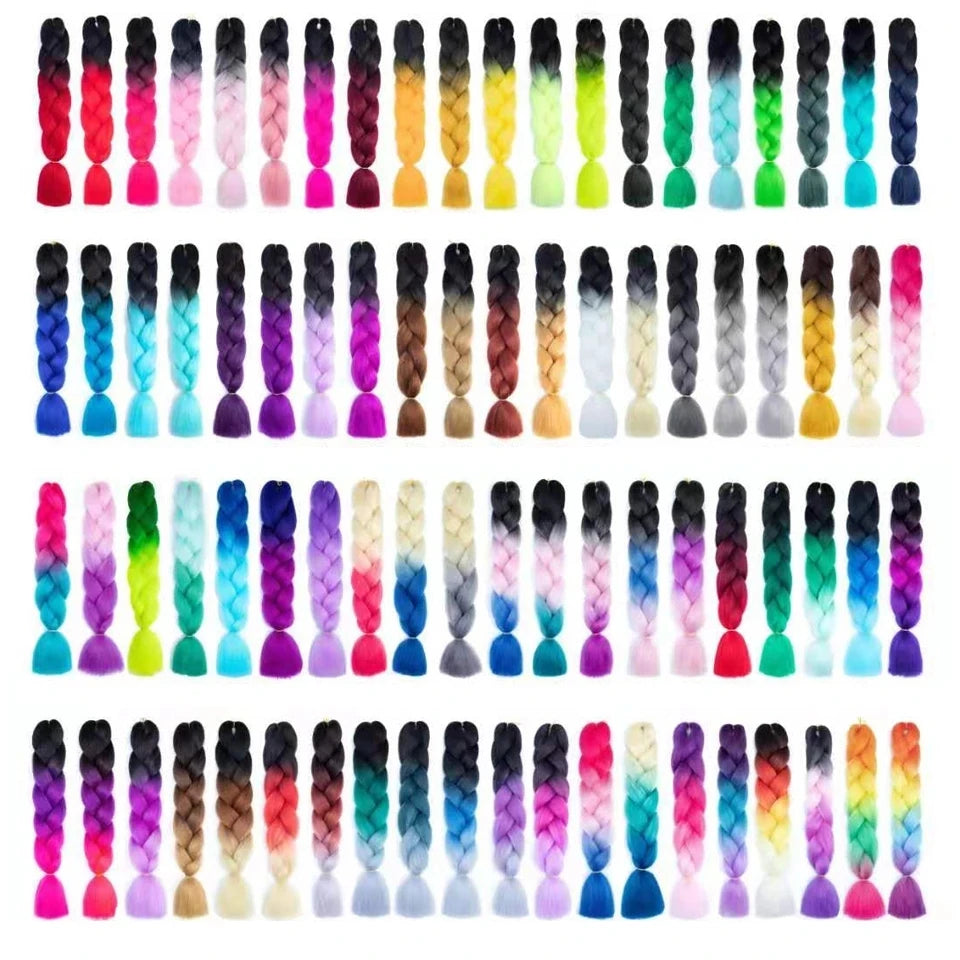 Assorted colorful braided hair extensions in various shades.