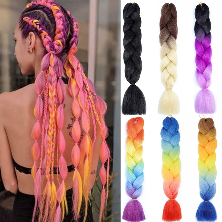 Colorful braided hair extensions with a woman's back and additional color options displayed.