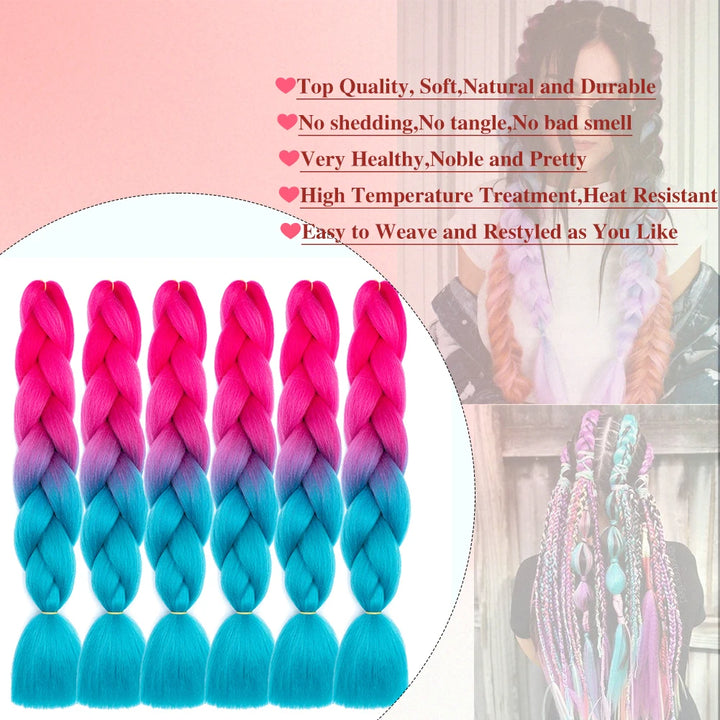 Ombre Crochet Braiding Hair – 6 Packs Synthetic Colorful Extensions for Women & Girls | High-Temperature Fiber