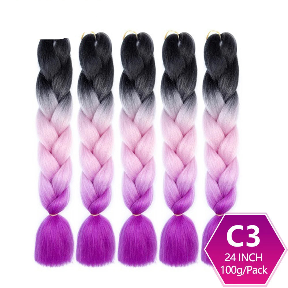 Five braided hair extensions with gradient color from black to pink and purple