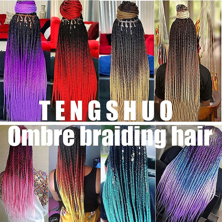 Collage of TENGSHUO ombre braiding hair with various colors and styles.